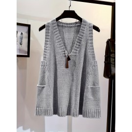 Plus Size V Neck Sleeveless Pocket Sweater Vest for Women - Soft Slight Stretch Polyester Fabric, Casual Solid Color Knit Vest for Spring and Fall - Hand Wash or Professional Dry Clean