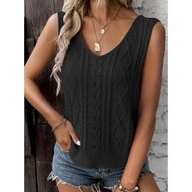 Plus Size Elegant V Neck Cable Knit Tank Top - Soft Non-Stretch Polyester Fabric, Sleeveless Design, Solid Color, Perfect for Spring and Summer - Womens Casual Wear for Warm Weather