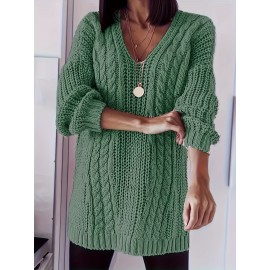Plus Size Solid V Neck Pullover Sweater - Soft Slight Stretch Acrylic Knit Fabric, Casual Long Sleeve for Fall & Winter - Hand Washable, Customized Fit, No Sheer, No Printing
