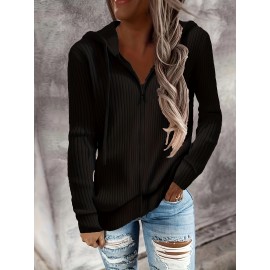 Plus Size Womens V-Neck Solid Color Long Sleeve Drawstring Hoodie Sweater - Zipper Closure, Slight Stretch Fabric, Regular Length, Casual Style - Perfect for Spring, Summer, and Fall Seasons