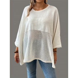 Plus Size Solid Knitted Crew Neck Top - Asymmetrical Batwing Sleeve, Semi-Sheer, Slight Stretch, Casual Style for Spring/Fall - Comfortable Knit Fabric, No Printing, Easy Wear