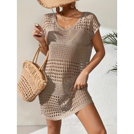 Plus Size V-Neck Hollow Out Knitted Semi-Sheer Dress - Soft Medium Stretch Polyester Fabric, Casual Crew Neck Short Sleeve Design, Perfect for Spring/Summer Vacation - Womens Plus Size Clothing