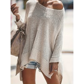 Plus Size Womens Chic One-Shoulder Sweater - Flattering Long Sleeves, Trendy Split Hem, Loose Fit Pullover Jumper for Casual Style