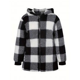 Plus Size Plaid Fuzzy Coat, Casual Long Sleeve Zipper Hooded Coat, Women's Plus Size Clothing