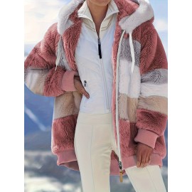 Plus Size Long Sleeve Coat - Ultra-Comfortable Colorblock Plush Zip-Up with Adjustable Drawstring Hood - Womens Plus Size Daily Wear for Casual Style and Warmth