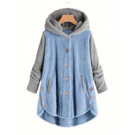 Plus Size Casual Coat - Vibrant Colorblock Pattern, Long Sleeves, Button-Up Front, Hooded Design, Soft Teddy Coat Material - Designed for Women with Curvy Figures, Plus Size Friendly