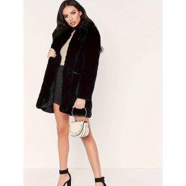 Plus Size Elegant Coat, Women's Plus Solid Teddy Fleece Button Up Long Sleeve Lapel Collar Coat