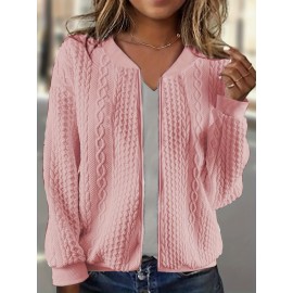 Plus Size Womens Comfortable Cable Knit Bomber Jacket - Zippered Closure, Long Sleeves, Slight Stretch for Fashionable Casual Wear