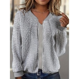 Plus Size Stretchy Bomber Coat - Casual Long Sleeve Medium Stretch Cable Zipper Jacket for Women - Solid Color Perfect for Everyday Wear