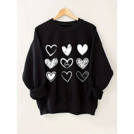 Plus Size Heart Print Crew Neck Sweatshirt - Soft Slight Stretch Polyester Material, Casual Pullover for Fall and Spring, Machine Washable, Cartoon Pattern, Knit Fabric, Womens Plus Size Clothing for Everyday Wear