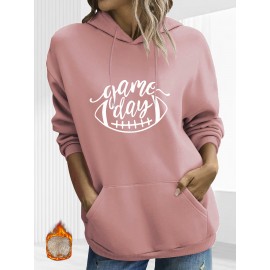 Plus Size Rugby & Letter Print Hoodie, Casual Kangaroo Pocket Long Sleeve Hooded Sweatshirt, Women's Plus Size Clothing