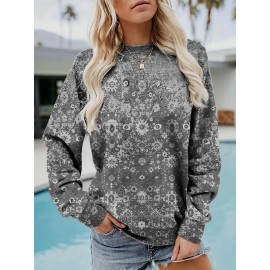 Plus Size Womens Floral Aztec Print Crew Neck Pullover Sweatshirt - Soft Slight Stretch Polyester Material, Machine Washable, Casual Long Sleeve Top for All Seasons - Knit Fabric, No Sheer, Positioning Printing