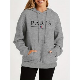 Plus Size Parisian Chic Hoodie - Soft Slight Stretch Polyester, Casual Long Sleeve Hooded Sweatshirt with Kangaroo Pocket, Alphabets Pattern, Positioning Printing, Fall/Winter Essential for Women