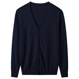 Plus Size Men's Solid Knitted Cardigan, Casual Long Sleeve V Neck Button Up Sweater For Spring Fall Outdoor Activities