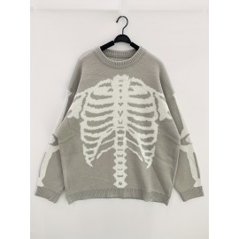 Plus Size Mens Casual Sweater - Stretchy Elastic Design, Unique Fashion Skeleton Print, Long Sleeves, Crew Neck, Soft Knit Pullover - Top-Rated Best Sellers for Halloween Parties and Celebrations
