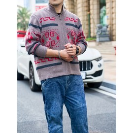 Plus Size Men's Stylish Band Collar Zipper Cardigan - Soft Jacquard Knit, Long-Sleeved, Color Matching, Cozy Winter Sweater for Casual Daily Wear - Perfect for Outdoor Activities and Formal Events