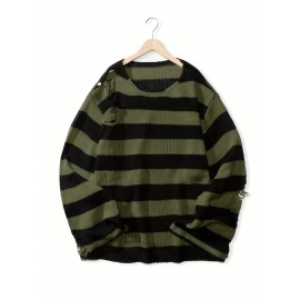 Plus Size Mens Fashionable Ripped Knit Striped Sweater - Cozy Long-sleeved Pullover for Big & Tall Guys - Perfect for Spring and Autumn Seasons