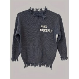 Plus Size Mens Fashion-Forward Knit Sweater Pullover - Stylish Raw Hem, Oversized Crew Neck, Embroidered Letters, Warm Long Sleeves for Trendy Fall Winter Wear