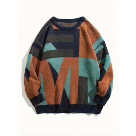 Plus Size Mens Geometric Pattern Color Block Crew Neck Slim Fit Long Sleeve Sweater - Ultra-Soft Medium Stretch Acrylic Knit Fabric - Casual Preppy Pullover Top for Fall/Winter Season