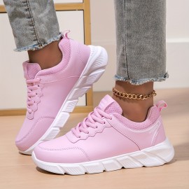 Women's PU Leather Sneakers, Waterproof Lace Up Low Top Running Shoes, Women's Footwear