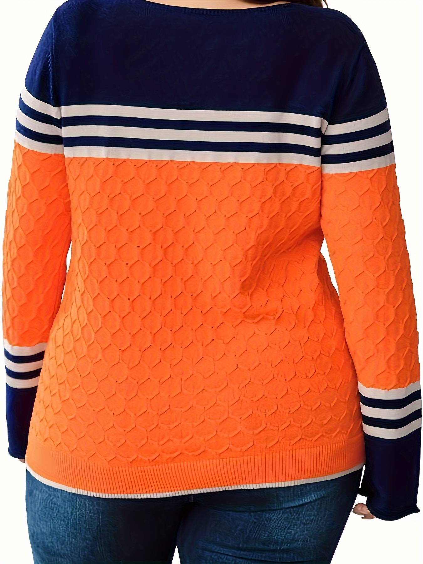 plus size color block pullover sweater casual crew neck long sleeve knit sweater womens plus size clothing details 1