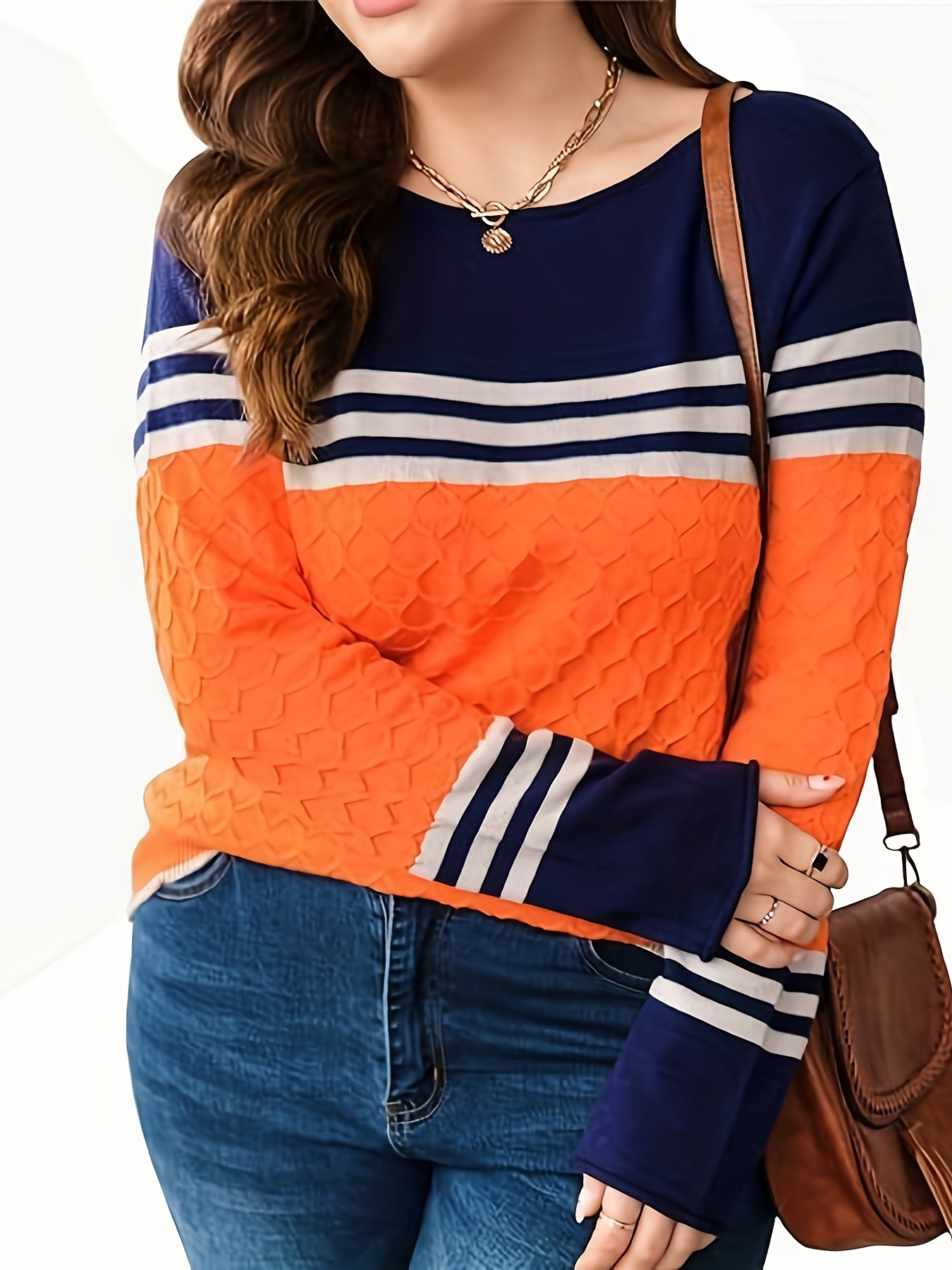 plus size color block pullover sweater casual crew neck long sleeve knit sweater womens plus size clothing details 2
