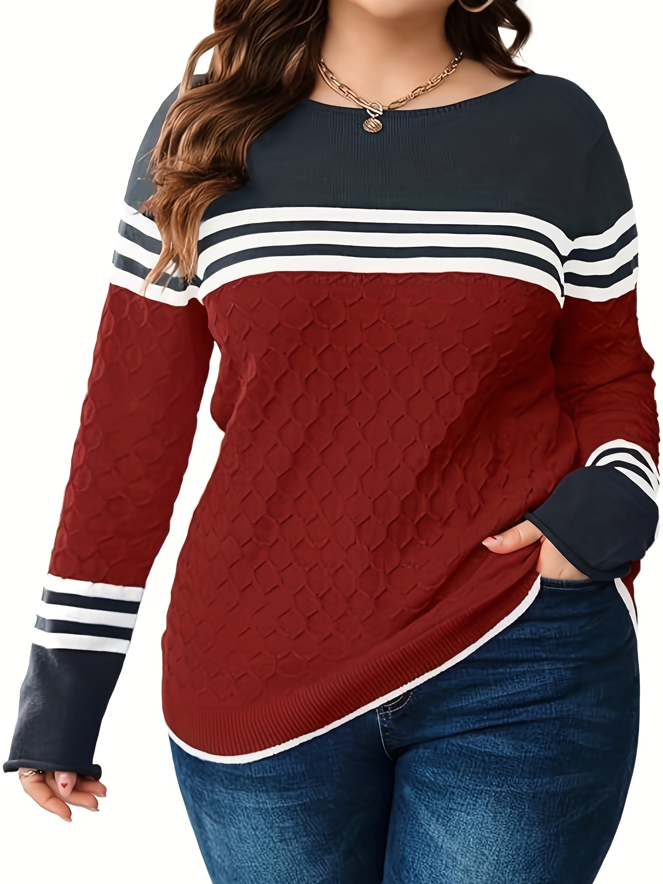 plus size color block pullover sweater casual crew neck long sleeve knit sweater womens plus size clothing details 5