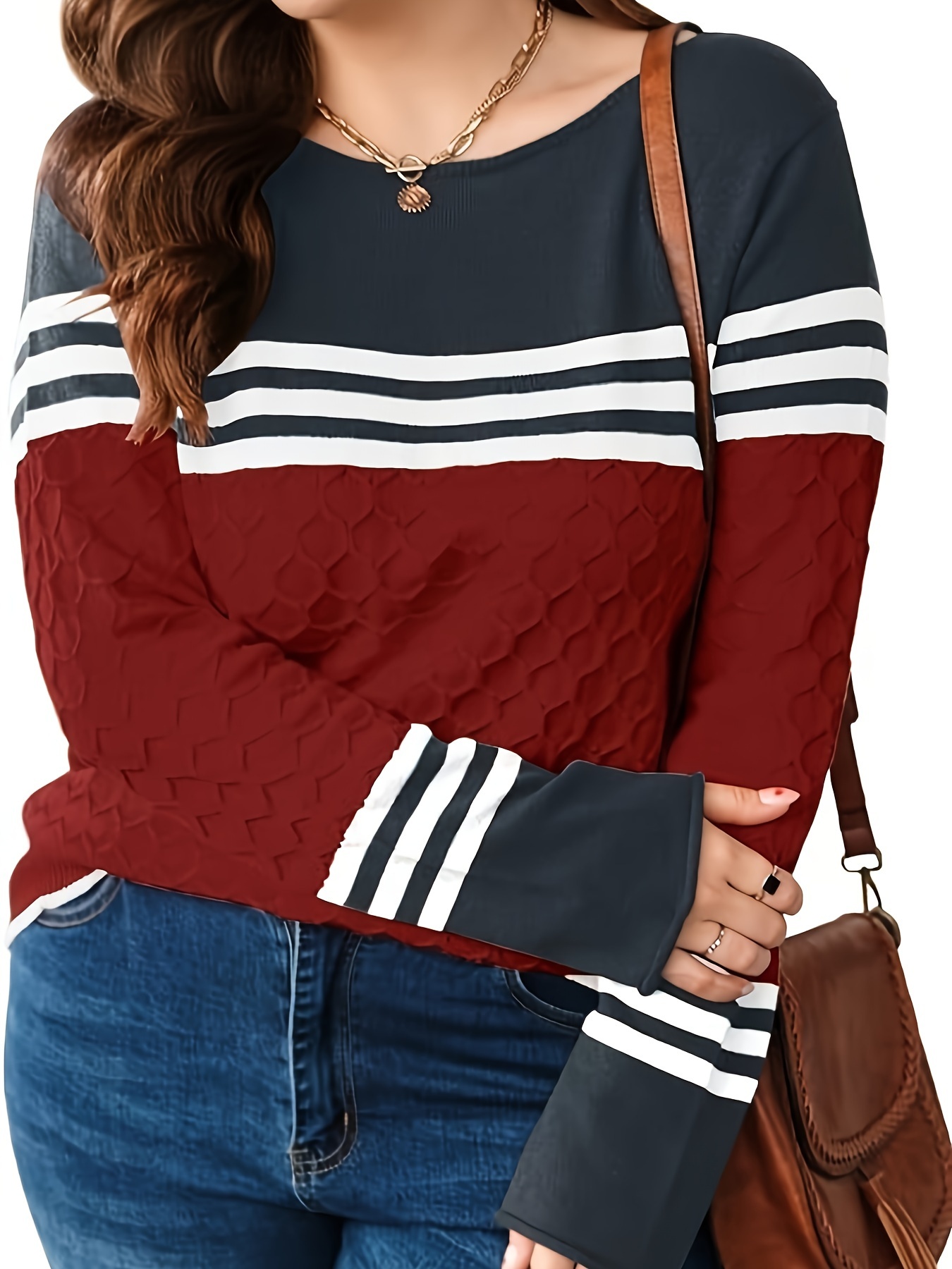 plus size color block pullover sweater casual crew neck long sleeve knit sweater womens plus size clothing details 7