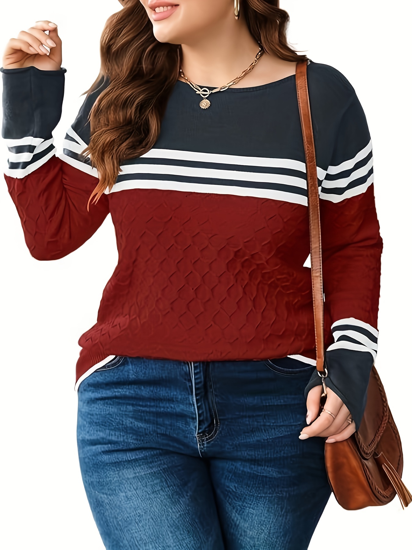 plus size color block pullover sweater casual crew neck long sleeve knit sweater womens plus size clothing details 8