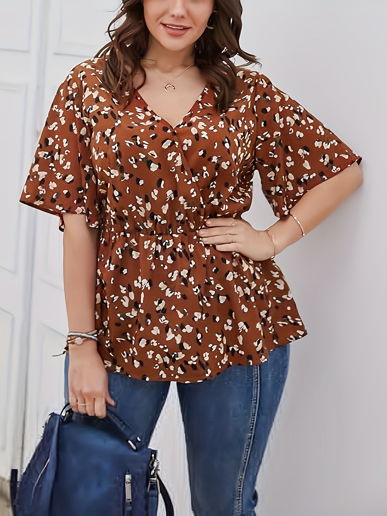 plus size allover print v neck blouse elegant half sleeve cinched waist blouse womens plus size clothing details 0