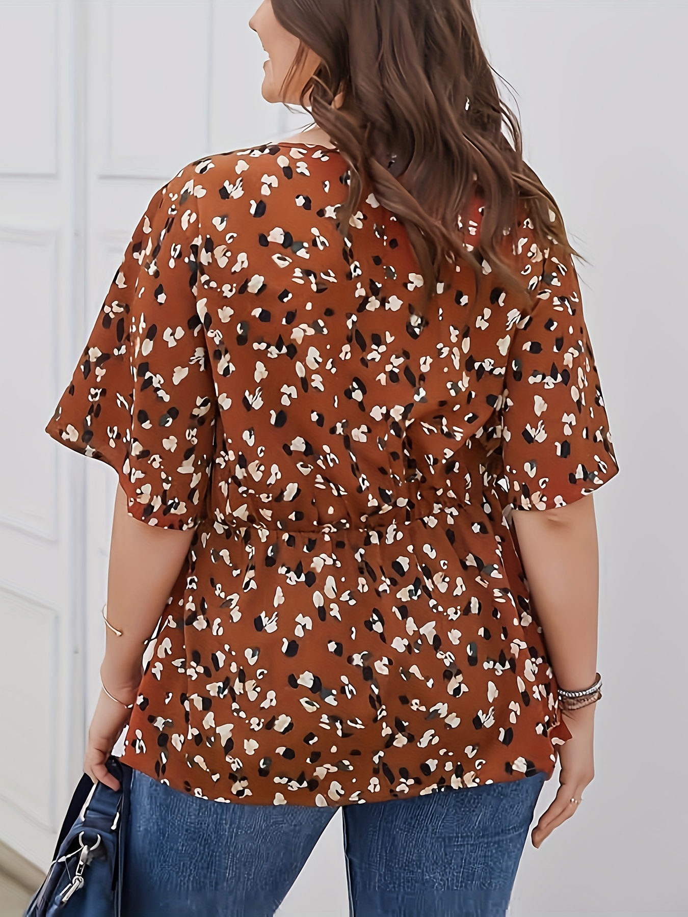plus size allover print v neck blouse elegant half sleeve cinched waist blouse womens plus size clothing details 2