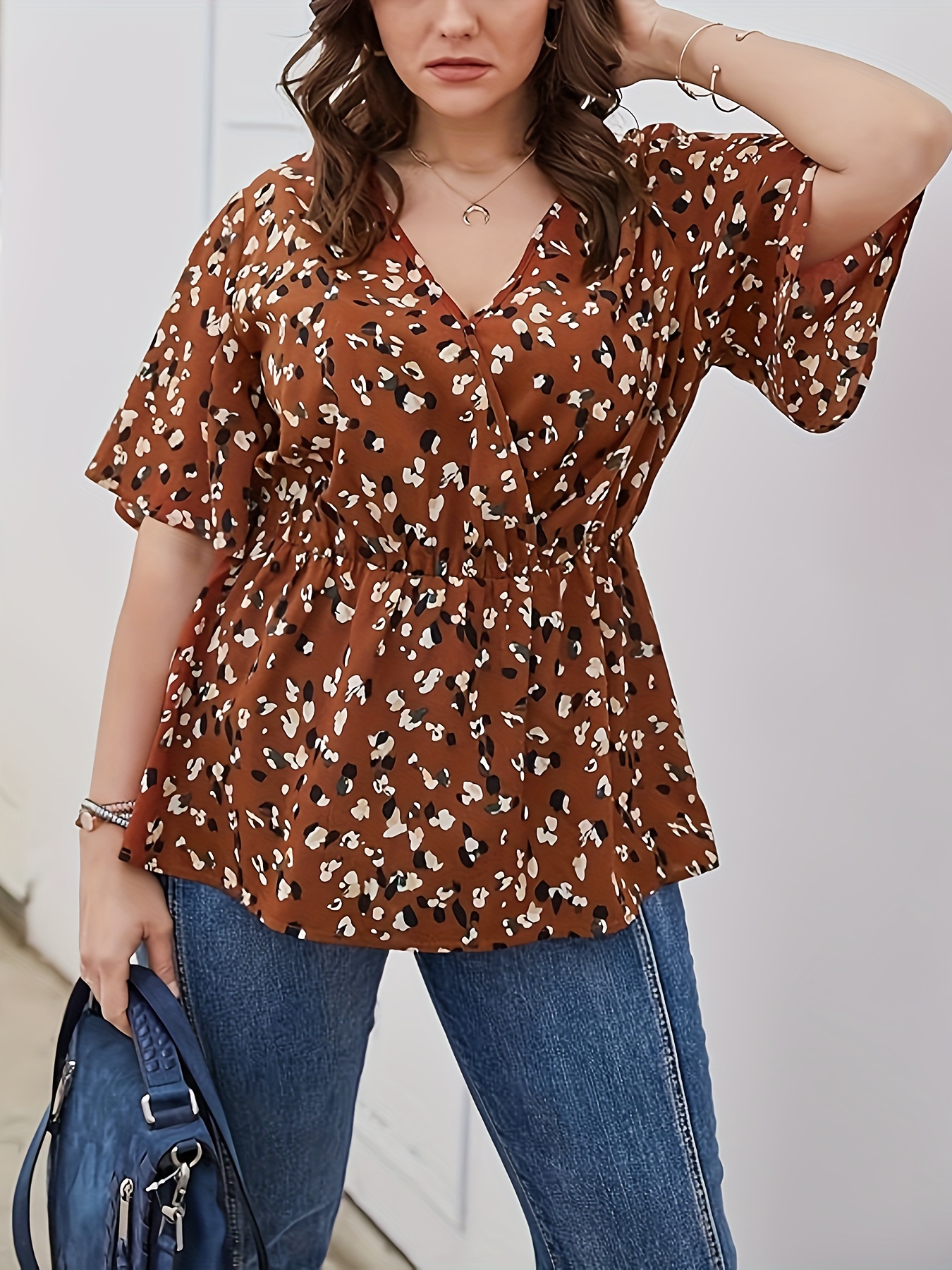 plus size allover print v neck blouse elegant half sleeve cinched waist blouse womens plus size clothing details 3