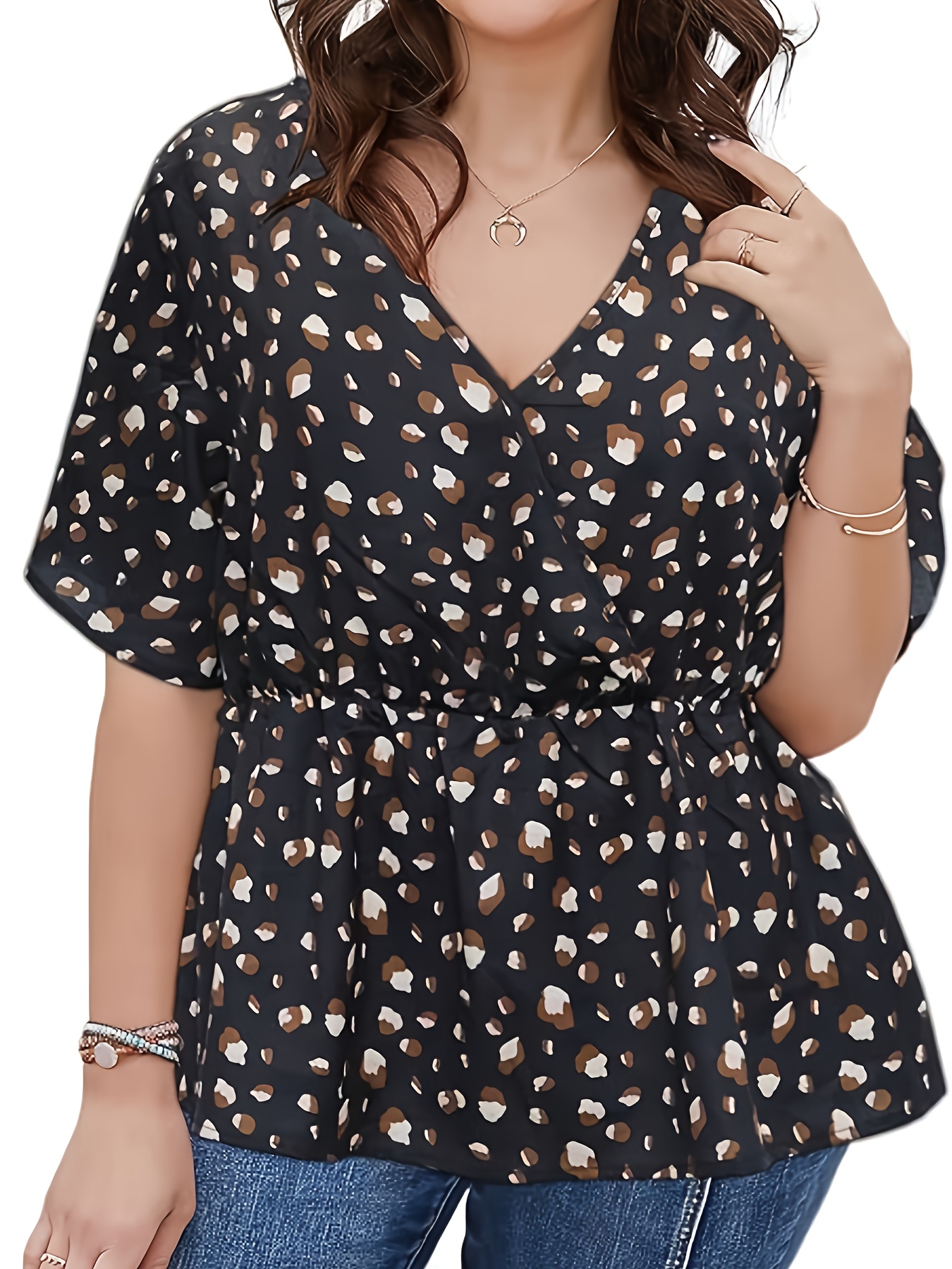 plus size allover print v neck blouse elegant half sleeve cinched waist blouse womens plus size clothing details 6
