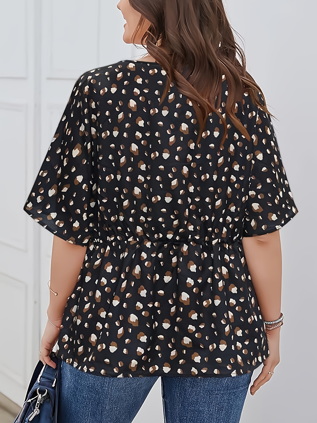 plus size allover print v neck blouse elegant half sleeve cinched waist blouse womens plus size clothing details 7