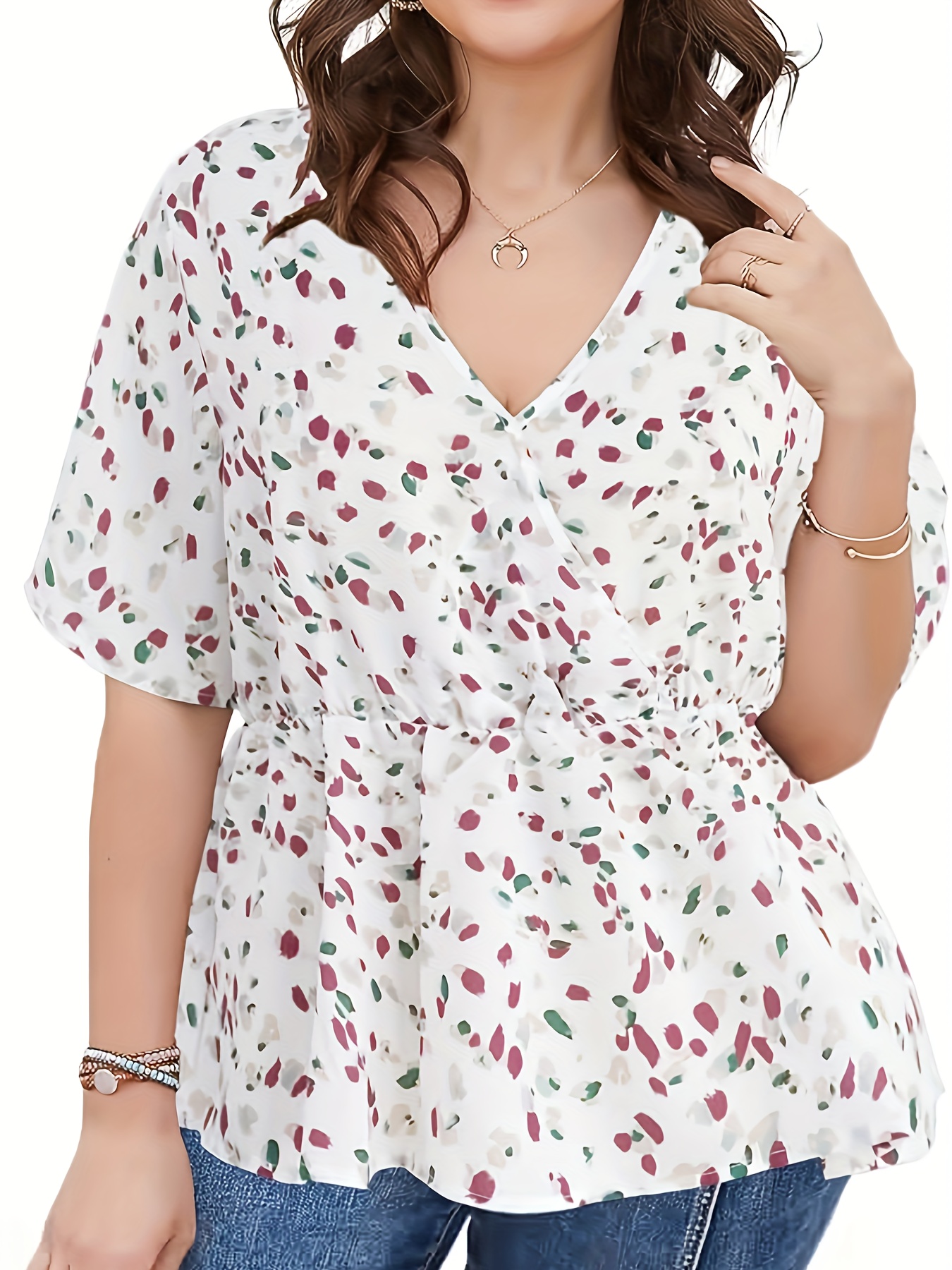 plus size allover print v neck blouse elegant half sleeve cinched waist blouse womens plus size clothing details 10