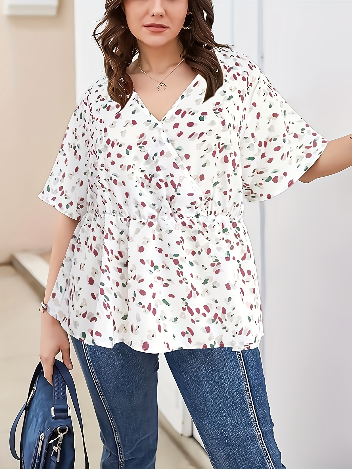 plus size allover print v neck blouse elegant half sleeve cinched waist blouse womens plus size clothing details 12