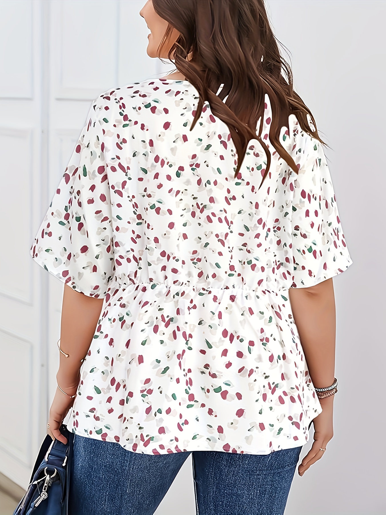 plus size allover print v neck blouse elegant half sleeve cinched waist blouse womens plus size clothing details 14