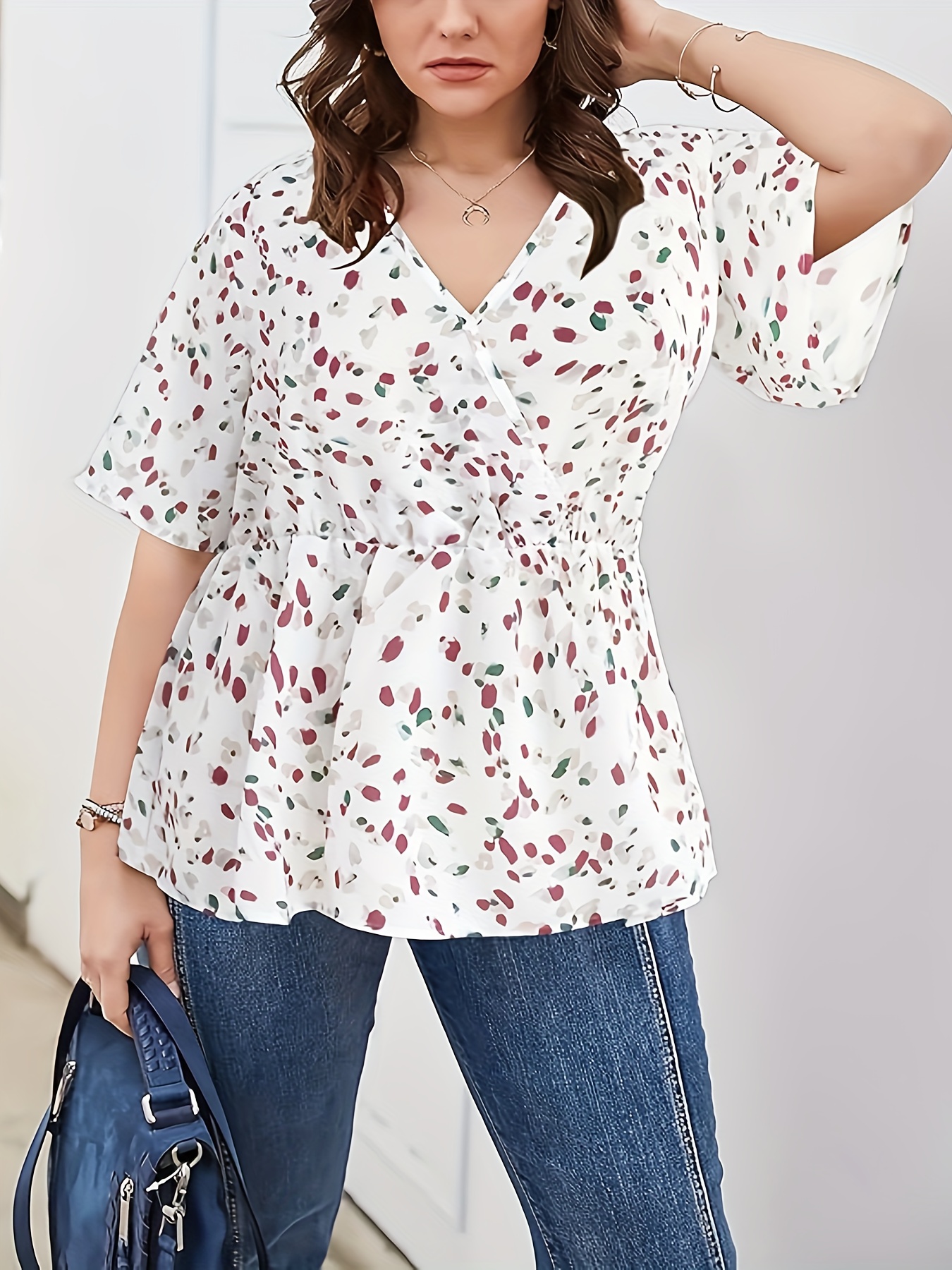 plus size allover print v neck blouse elegant half sleeve cinched waist blouse womens plus size clothing details 15