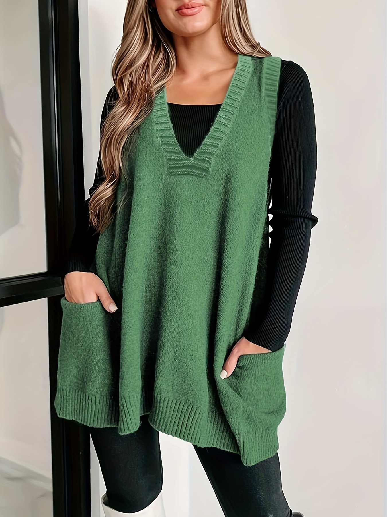 plus size solid knit sweater vest casual v neck sleeveless sweater for fall winter womens plus size clothing details 31