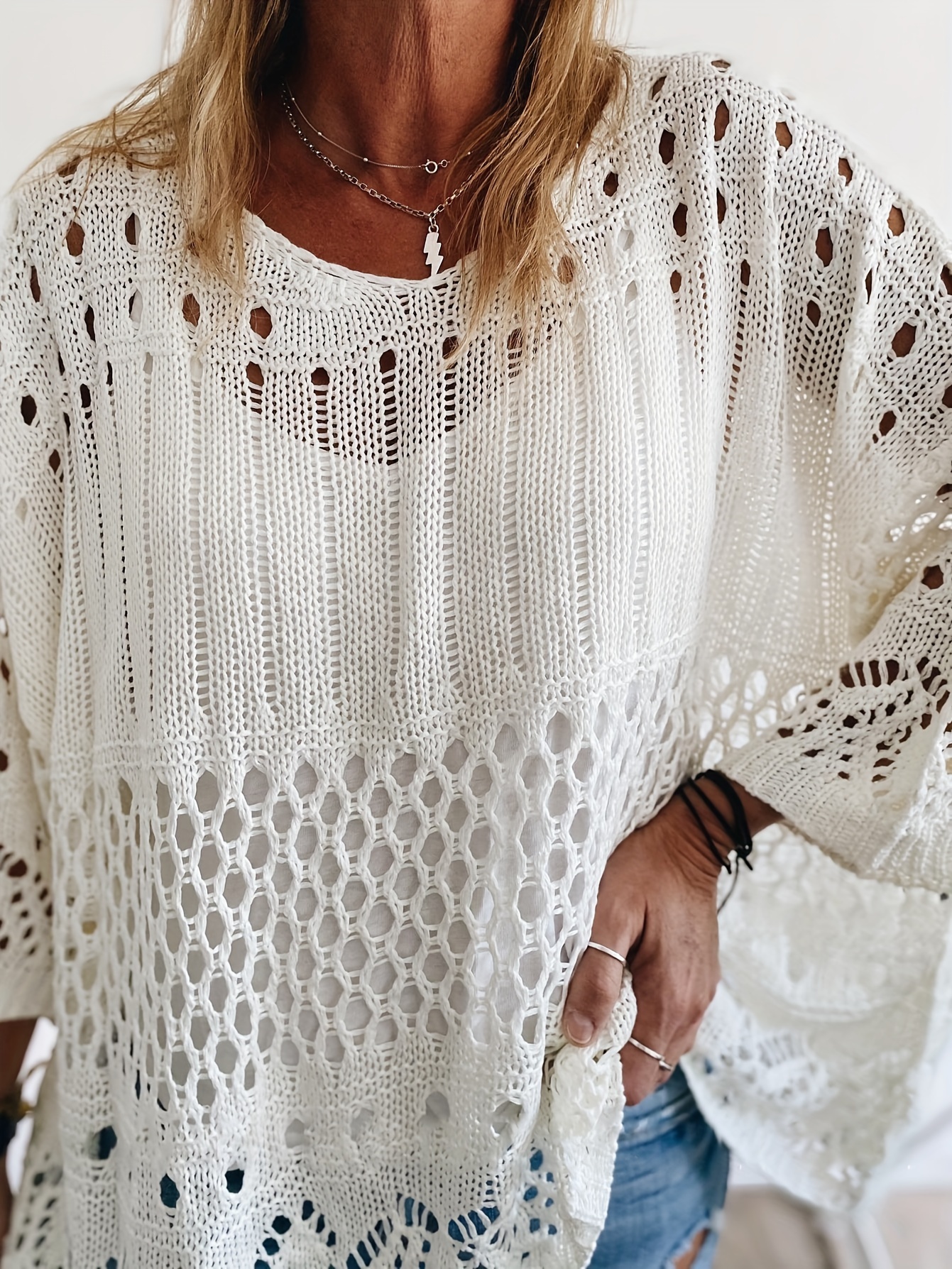 plus size solid cut out knitted top casual crew neck 3 4 sleeve top womens plus size clothing details 2