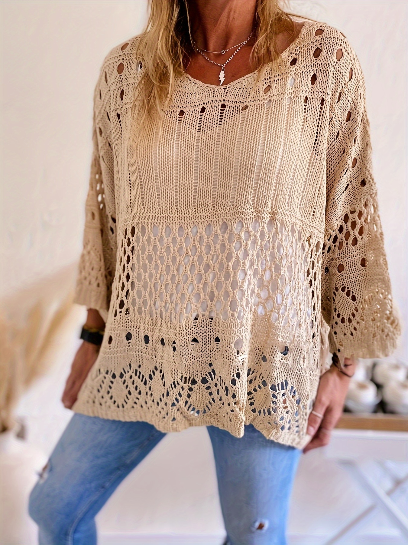 plus size solid cut out knitted top casual crew neck 3 4 sleeve top womens plus size clothing details 10