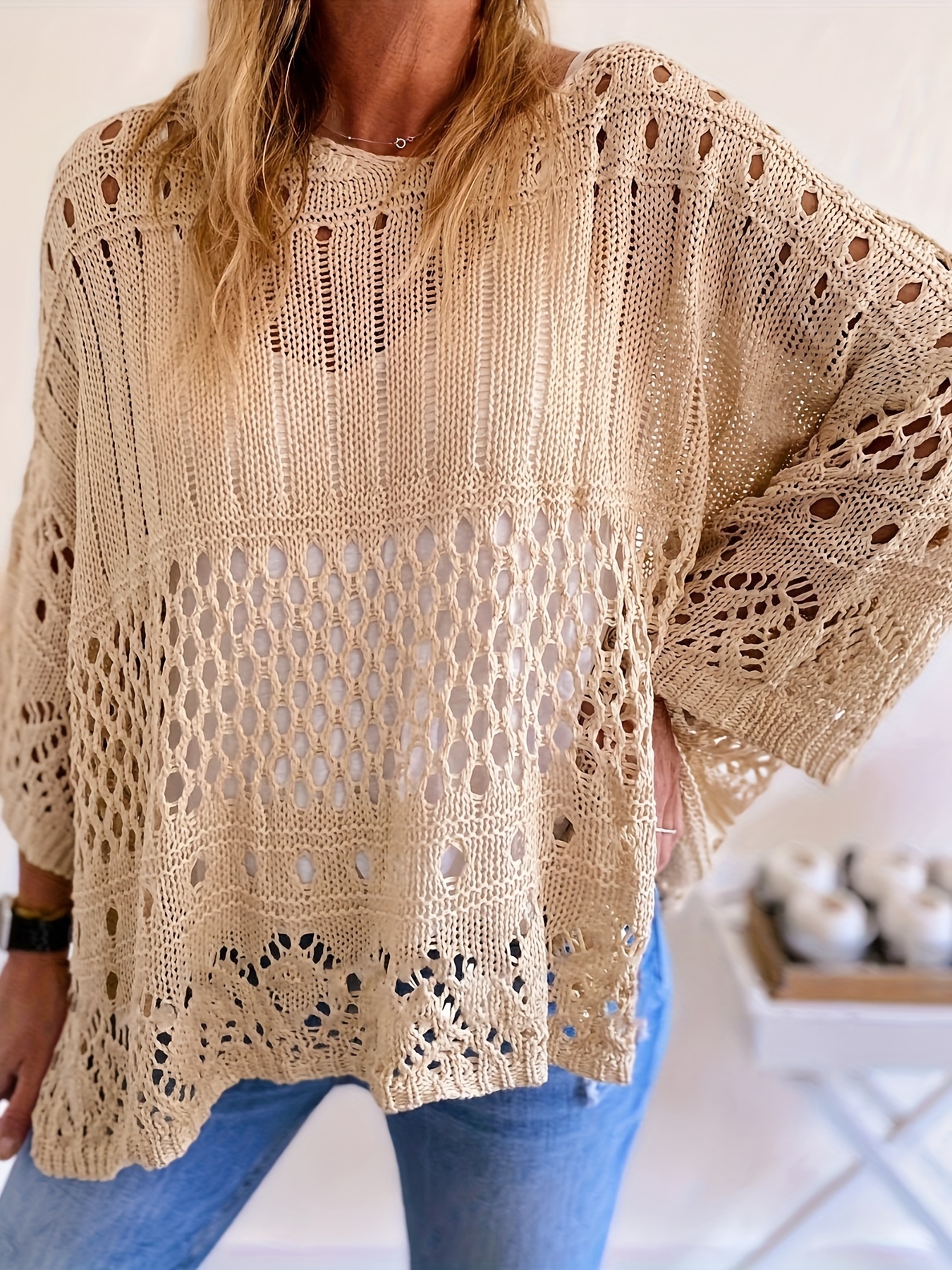 plus size solid cut out knitted top casual crew neck 3 4 sleeve top womens plus size clothing details 12