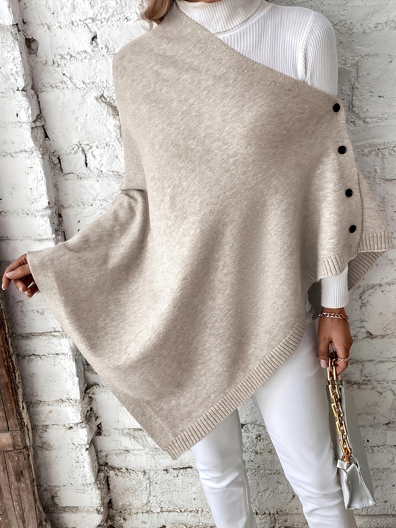 plus size solid poncho sweater elegant asymmetrical hem button down cape sweater for fall winter womens plus size clothing details 52