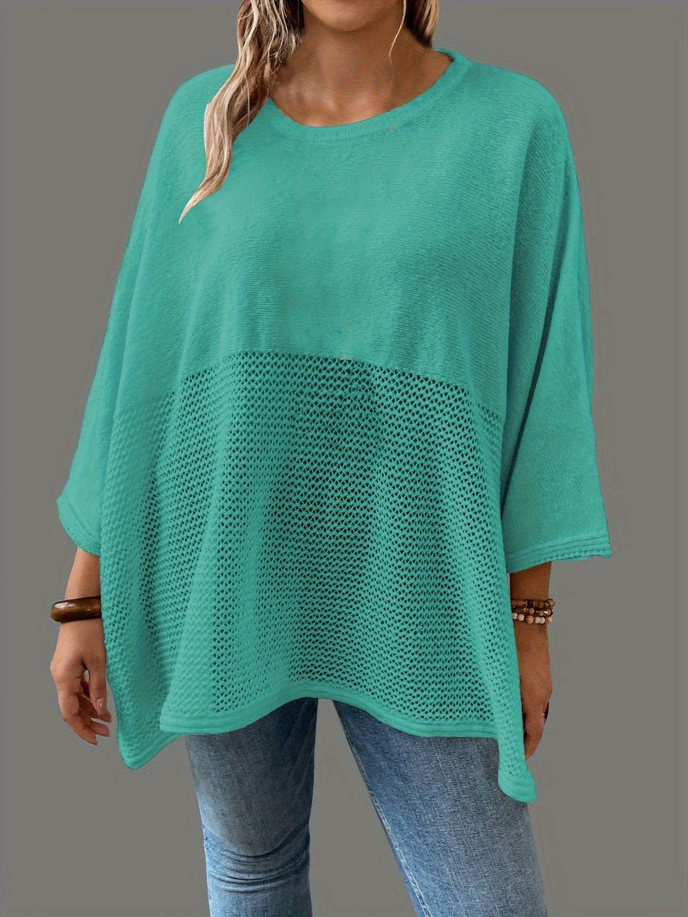 plus size solid knitted top casual batwing sleeve crew neck top womens plus size clothing details 0