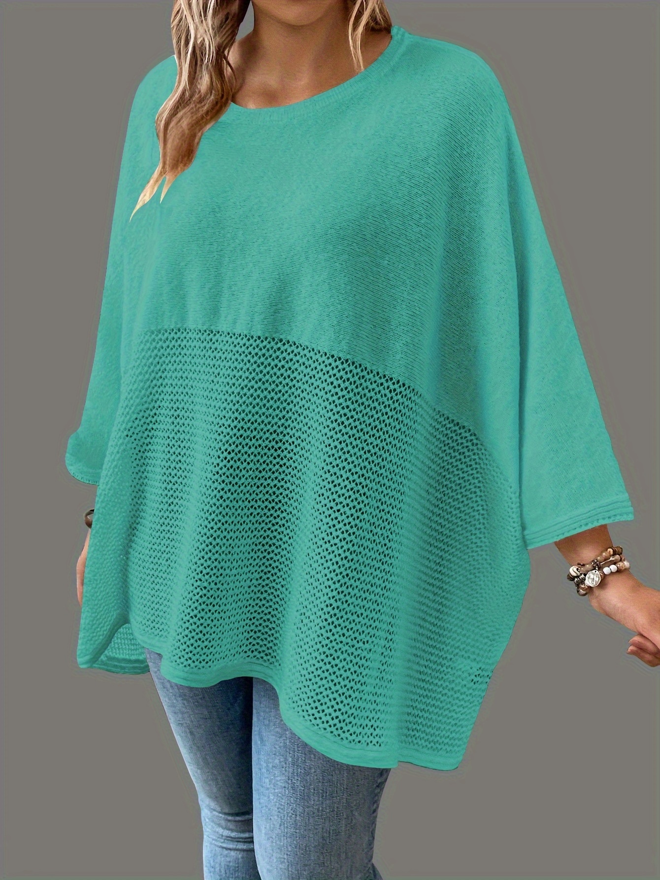 plus size solid knitted top casual batwing sleeve crew neck top womens plus size clothing details 1