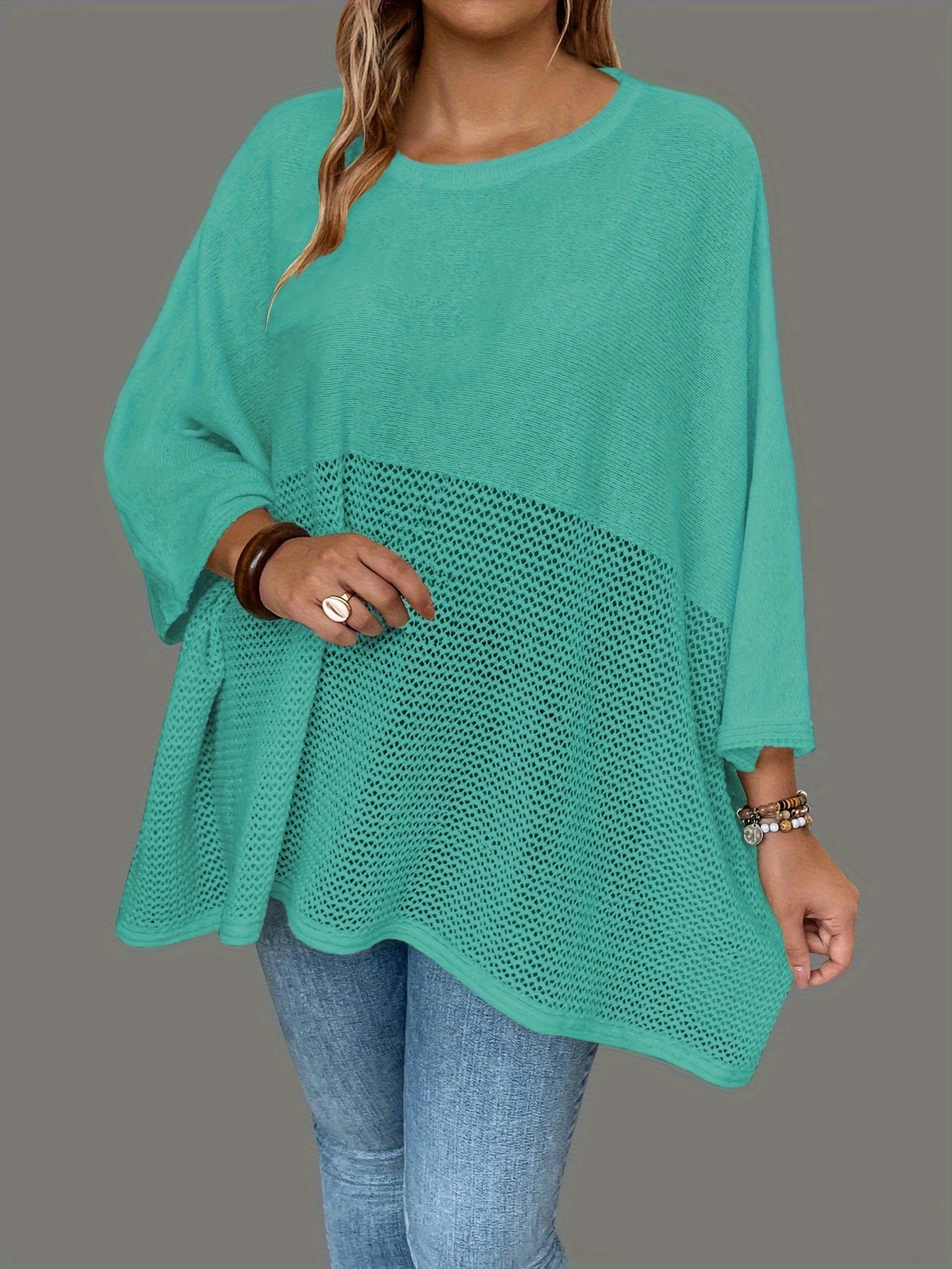 plus size solid knitted top casual batwing sleeve crew neck top womens plus size clothing details 4