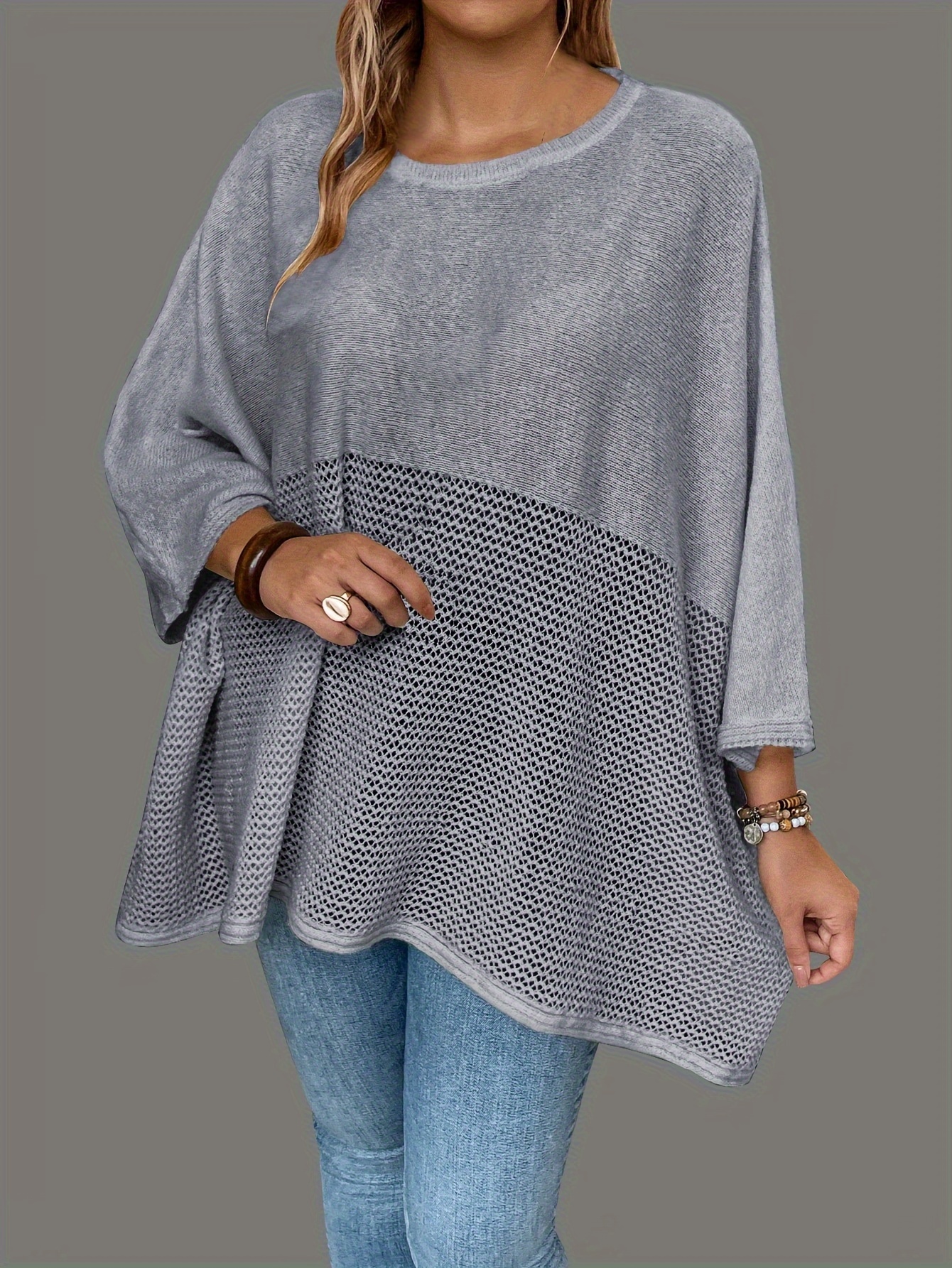 plus size solid knitted top casual batwing sleeve crew neck top womens plus size clothing details 5