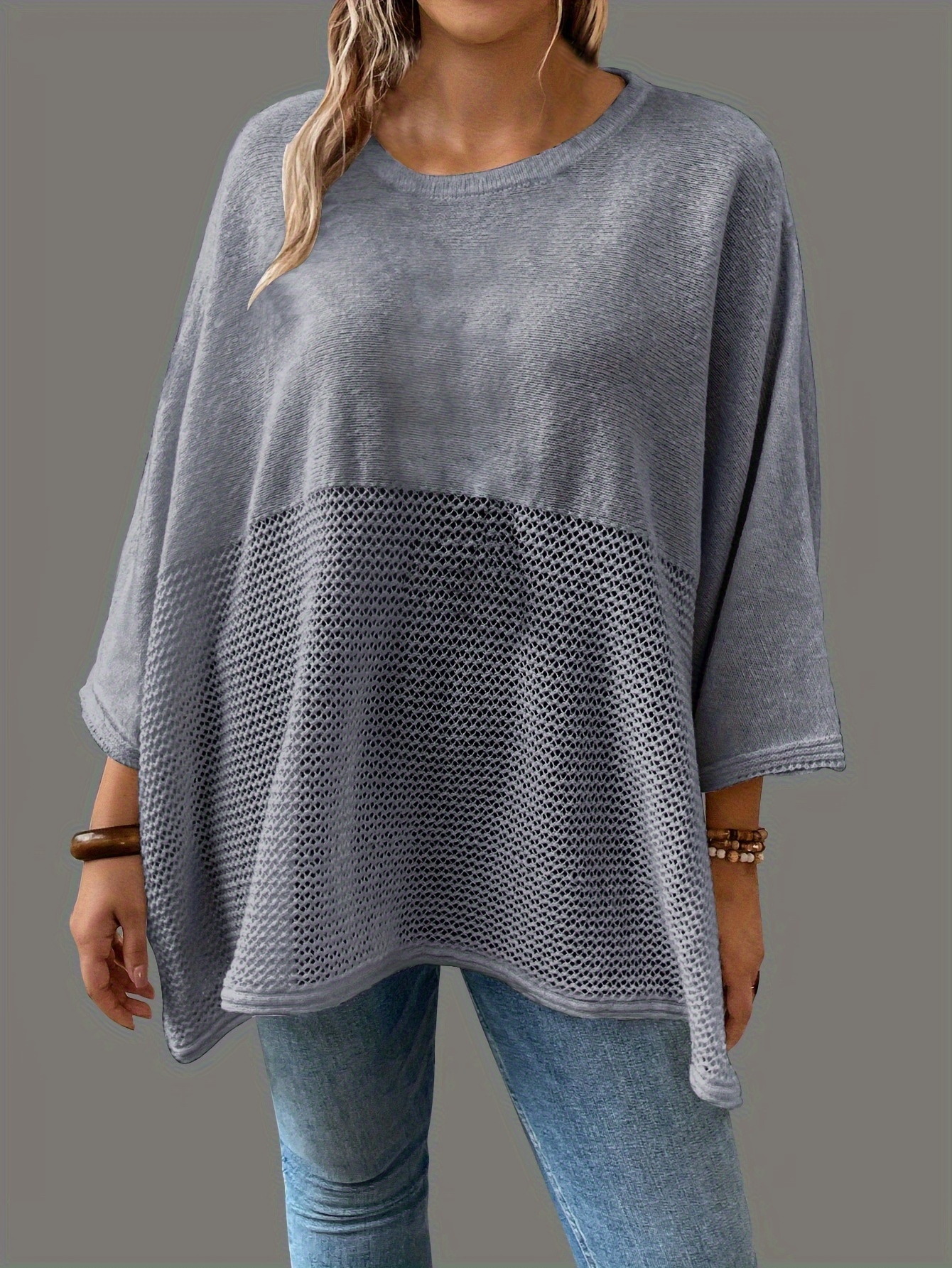 plus size solid knitted top casual batwing sleeve crew neck top womens plus size clothing details 7