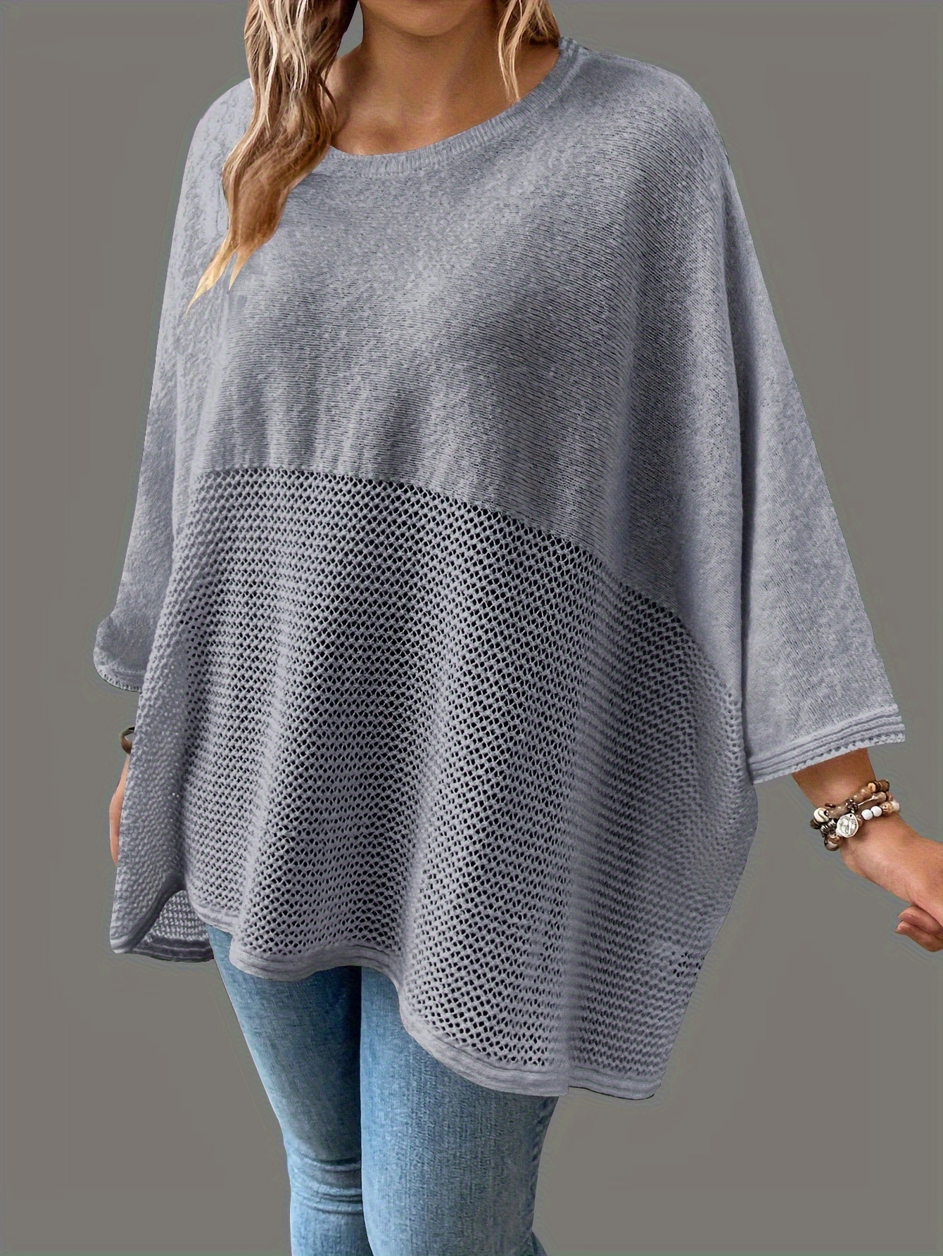 plus size solid knitted top casual batwing sleeve crew neck top womens plus size clothing details 9