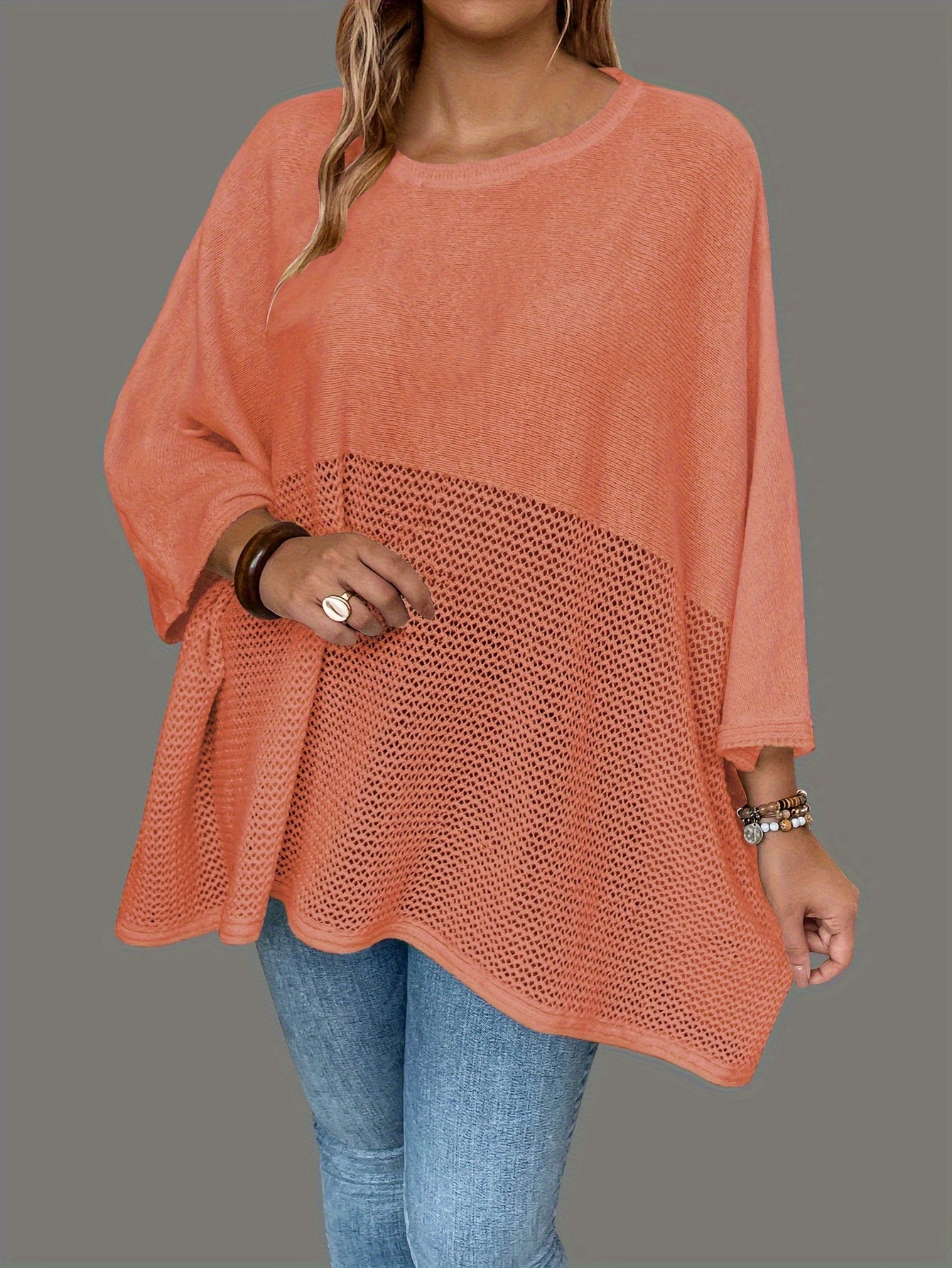 plus size solid knitted top casual batwing sleeve crew neck top womens plus size clothing details 12